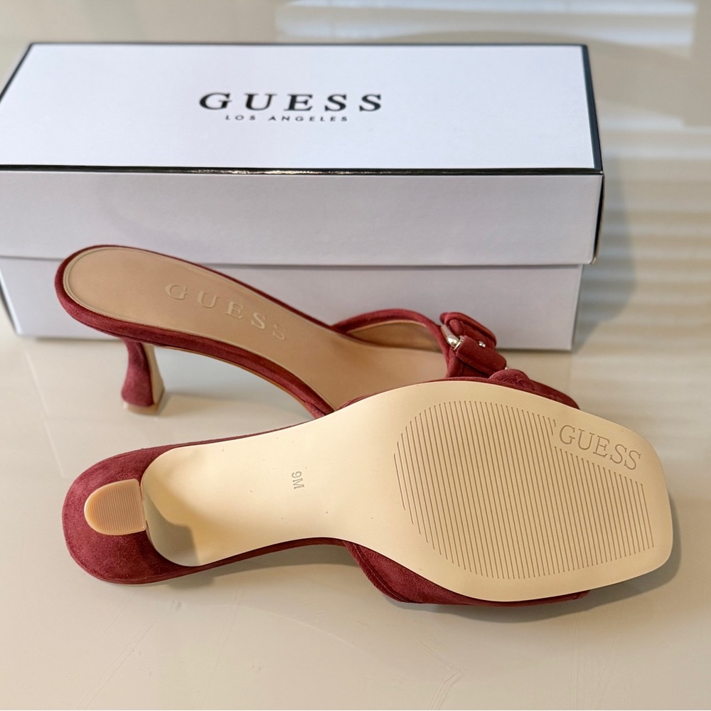 Guess Women's Dista Buckle Kitten Heel Dress Suede Sandals Dark Red Size 9M - Picture 7 of 9